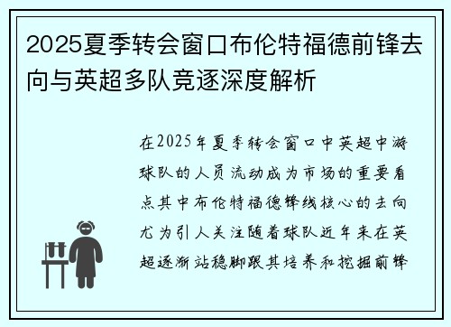 2025夏季转会窗口布伦特福德前锋去向与英超多队竞逐深度解析 2025夏季转会窗口布伦特福德前锋去向与英超多队竞逐深度解析